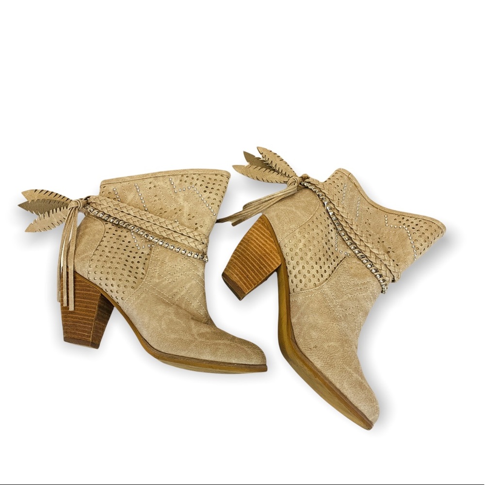 Tan Faux Suede Western Booties with laser cut shaft